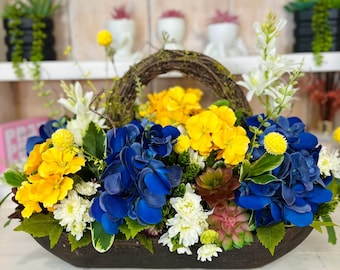 Blue Hydrangea & Yellow Primrose Floral Arrangement in Wooden Dough Bowl, Spring or Summer Centerpiece with Succulents, Roses, and Greenery