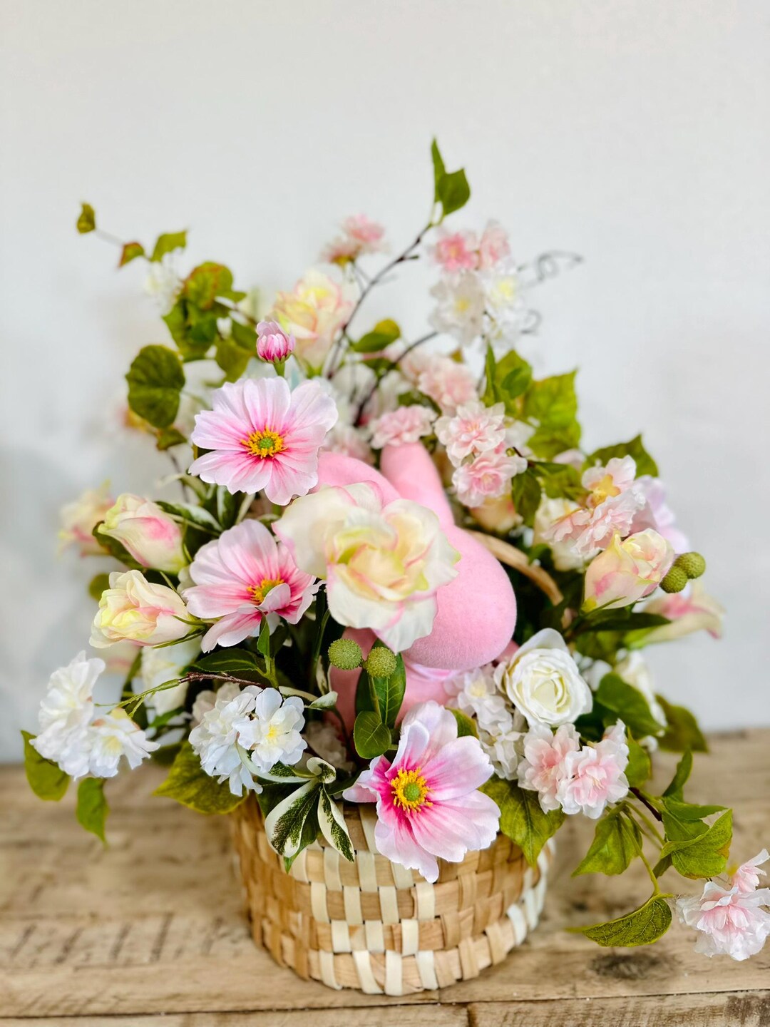 Pink Easter Basket Floral Arrangement With Cherry Blossoms, Cosmos ...