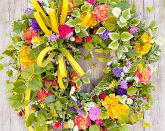 Extra Large Summer Floral Grapevine Wreath with Bright Wildflowers, Hydrangeas & Yellow Bow – Front Door or Office Decor