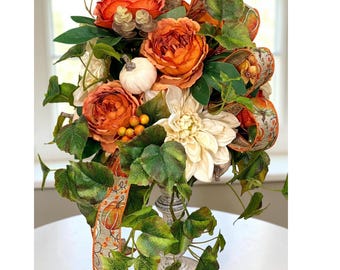 Fall Candlestick Arrangement, Autumn Floral Centerpiece, Pumpkin Candlestick Decor, Elegant Fall Table Decor
