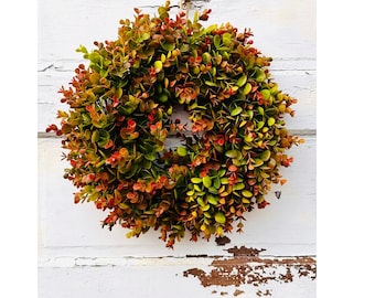 Small Fall Boxwood Wreath | 15" Autumn Front Door Wreath with Orange & Green Leaves | Thanksgiving Farmhouse Decor