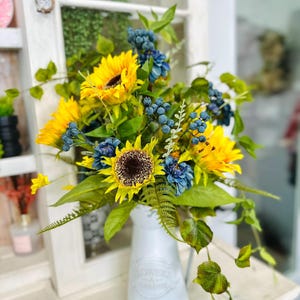 Artificial Sunflower Arrangement in Pitcher | Yellow & Blue Floral Decor | Faux Summer Centerpiece with Real Touch Sunflowers and Ivy
