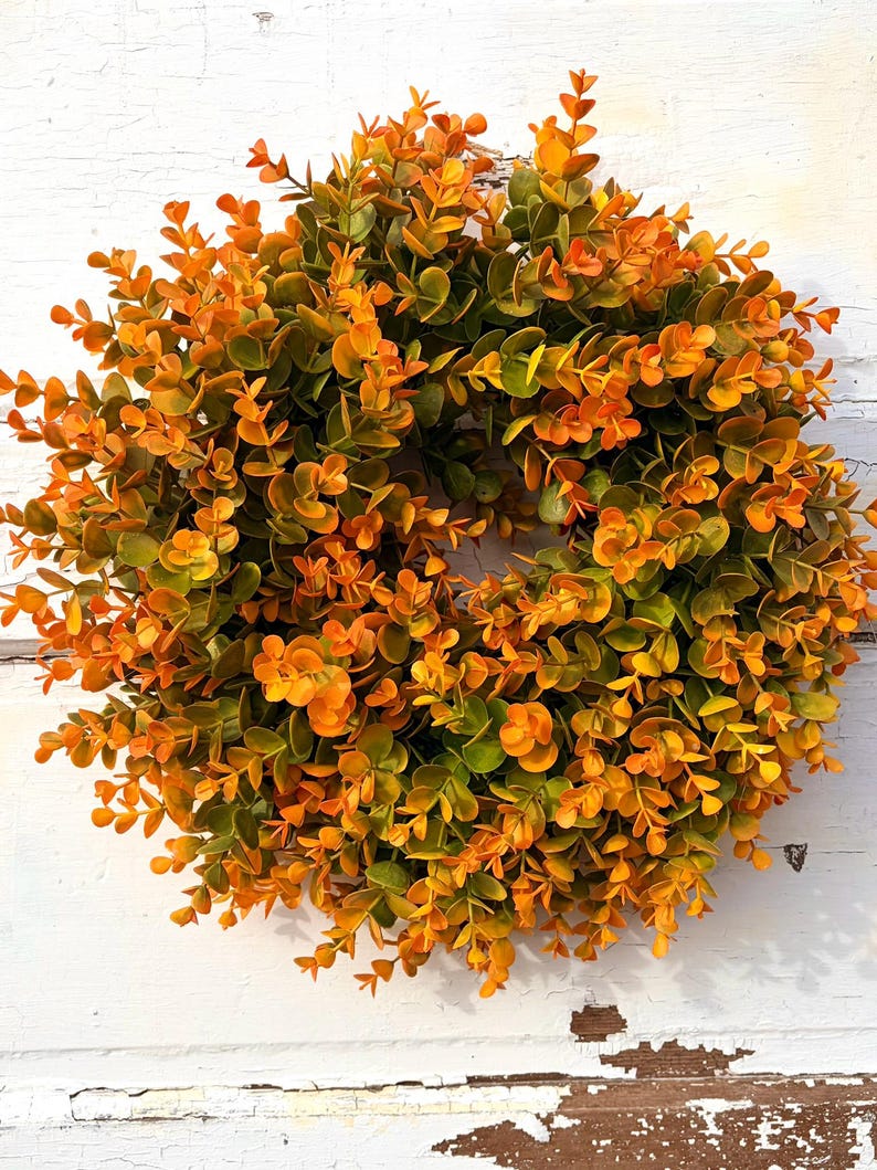 Small Fall Boxwood Wreath | 15" Autumn Front Door Wreath With Orange ...