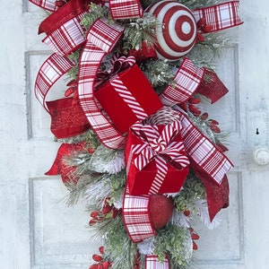 XL Artificial Pine Red & White Christmas Door Swag with Red Julian Plaid Ribbon - 50x20&quot; Festive Door Decor - Designer Holiday Swag