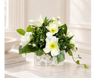 Cream Cosmos Floral Arrangement – White Metal Planter Table Centerpiece