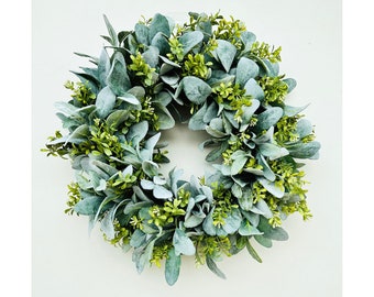 Everyday Lambs Ear Greenery Wreath for Front Door-Handmade Artificial Faux Greenery Wreath-Everyday Home/Wall Decor-Simple Mother's Day Gfit