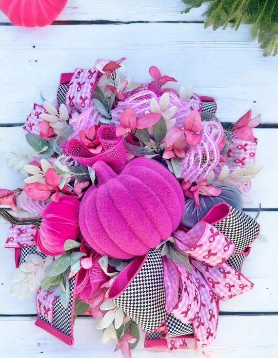 Breast Cancer Awareness Pink Pumpkin Wreath - Handcrafted Pink Ribbon Decor - Hope and Support-TCT1684