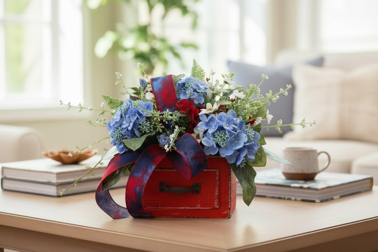 Patriotic Floral Arrangement, Red White Blue Centerpiece, Small ...