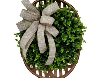 Boxwood Tobacco Basket Wreath with Neutral Check Ribbon, Farmhouse Greenery Wall Decor, All-Season Welcome Door Accent by TCT Crafts