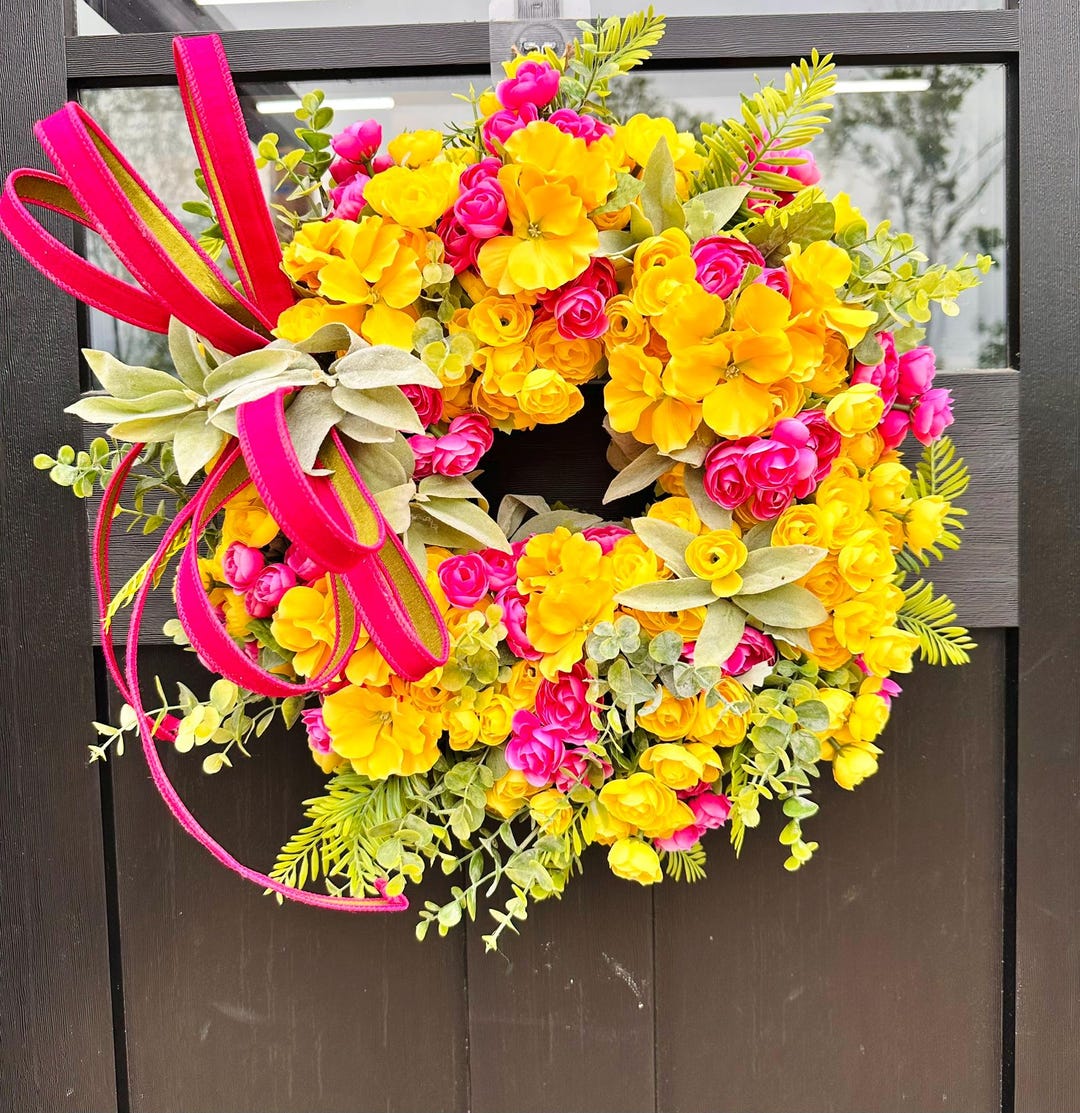 Primrue Spring Wreath Bright Yellow and Pink Spring Wreath With Ranunculus and Primrose ...