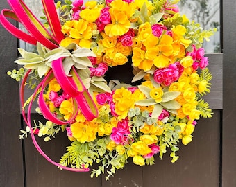 Bright Yellow and Pink Spring Wreath with Ranunculus and Primrose, Summer Door Decor, 18" Artificial Floral Wreath I Small Mother's Day Gift