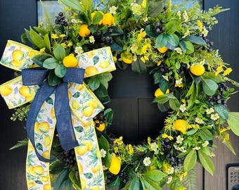 Summer Lemon Wreath with Blueberries and Fern – Large 26" Front Door Decor with Yellow Bow and Citrus Accents