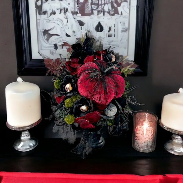 Spooky Glam Halloween Arrangement - Elegant Black Candlestick with Burgundy Foam Pumpkin and Halloween Florals-TCT1674