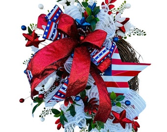 Small Patriotic Grapevine Wreath, 25x18 American Flag Inspired Door Decor, Red White and Blue