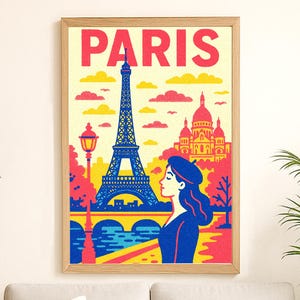 Paris retro travel poster France vacation print european mid century risograph wall decor tourist wall art vacation painting printable art