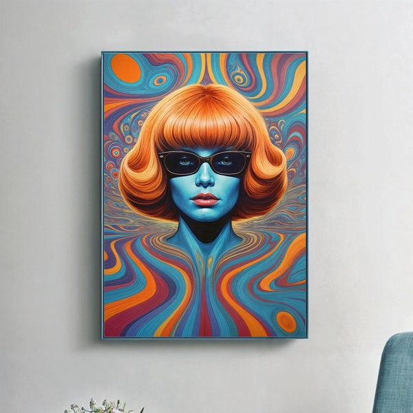 Deep in groove, Psychedelic Art, Funky Retro Print, 70s Hippie Woman, Retro Aesthetic, Psychedelic Mushroom Art, Groovy Poster, Hippie Print