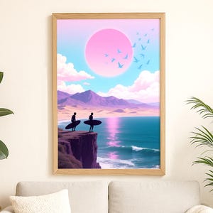 Arte mural de surfista, impresión de playa de fantasía con sol rosa, póster surrealista del océano, decoración de vaporwave pastel, arte con estilo californiano para la decoración de la pared del dormitorio.