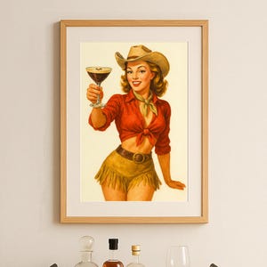Espresso Martini Cowgirl Plakat Vintage Western Wall Art Retro Pin Up Wydruk Bar Cart Decor Ostatni Rodeo Bachelorette Party Prezent