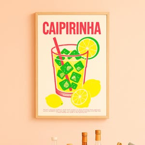 クラシック カイピリーニャ プリント - リソグラフ エディション |ヴィンテージバーの装飾、ブラジルのカクテルアート、ユニークなカシャーサ愛好家へのギフトレトロデジタルダウンロード