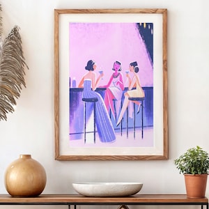 Glamorous Girls Night Art Deco Poster Pink and Purple Bar Cart Print Feminine Wall Art Bachelorette Best Friend Gift