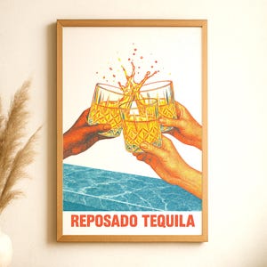 Reposado Tequila Cheers Plakat Retro Pop Art Wydruk na Bar Cart Decor Kolorowa sztuka ścienna do kuchni Prezent na parapetówkę Jaskinia mężczyzny