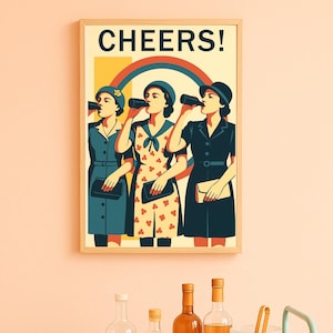 Plakat Cheers Retro Bar Cart Wall Art Feministyczny wydruk Mid Century Modern Kitchen Decor Vintage Women Plakat na parapetówkę Prezent cyfrowy