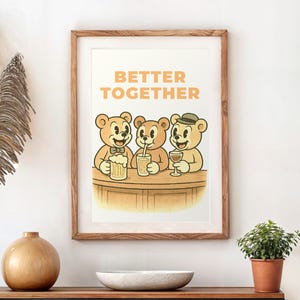 Lepiej Razem Plakat Vintage Cartoon Bears w Barze Retro Sztuka do Wystroju Kuchni Uroczy Najlepszy Przyjaciel Rocznica Prezent dla Pary