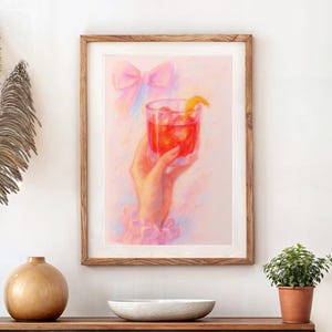 Kokietka ścienna kokarda i nadruk koktajlowy dziewczęcy wystrój wózka barowego romantyczny obraz pastelowy plakat Negroni kobiecy wystrój pokoju