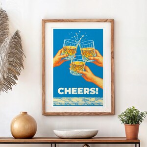 Plakat Retro Cheers z szklankami do whisky Vintage Pop Art Print do kolorowego wystroju wózka barowego Sztuka jaskini człowieka Prezent na parapetówkę