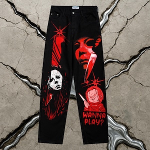 Pantalones vaqueros de película de terror pintados a mano, estilo años 90, holgados, negros, estilo thriller, denim, hechos a mano, de pierna ancha, estilo grunge, personalizados, traje de festival de Halloween.