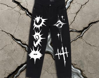 Hand Painted Y2K Grunge Jeans, Black Baggy Wide-leg Denim - Etsy