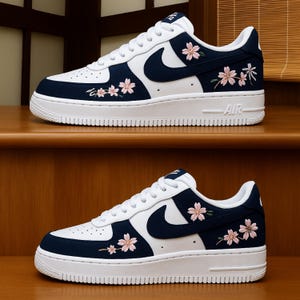Cherry Blossom Sneakers Japanese Cherry Blossom Custom Shoes Navy Sakura Sneakers Japanese Style Sakura Floral Nike Air Force 1 Unisex shoes