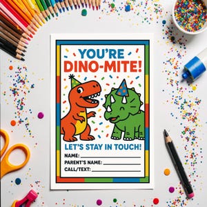Dino-Mite Stay In Touch Karte | Buntes Dinosaurier Thema Freund Geschenk | Kids Sommer Kontakt Info Börse | Sofortiger digitaler Download