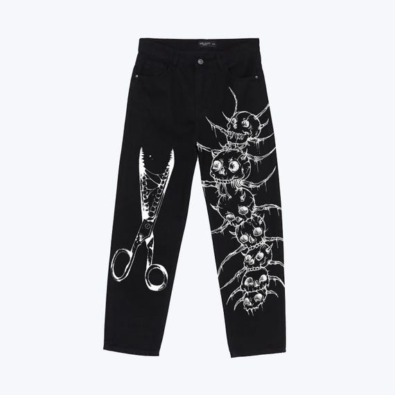 Hand Painted Y2K Grunge Jeans: Black Baggy, Horror Thriller Denim