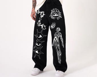 Handgeschilderde Y2K Grunge-jeans: zwarte baggy, wijde denim