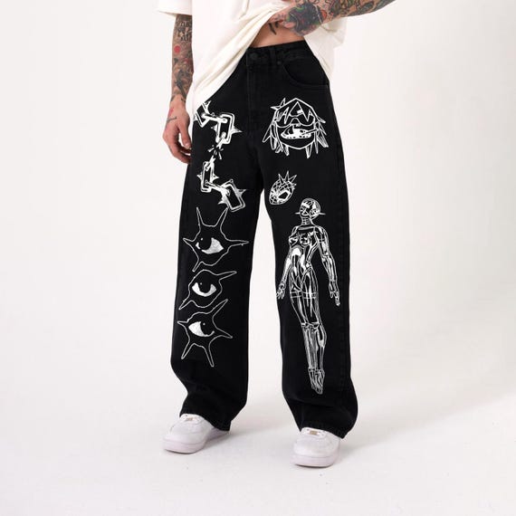 Hand Painted Y2K Grunge Jeans: Black Baggy, Wide-leg Denim - Etsy