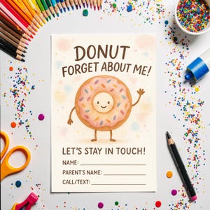 Druckbare Keep In Touch Karte für Kinder Süßes Donut Wortspiel Thema Letzter Schultag Klassenzimmer Geschenk Aquarell Kontaktkarte Digitaler Download PNG