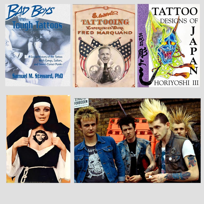 May include: A collage of images relating to tattoos. The top row features three book covers: "Bad Boys and Tough Tattoos", "Electric Tattooing Experienced Work Fred Marquand", and "Tattoo Designs of Japan Horiyoshi III". The bottom row shows a woman in a nun's habit with a tattoo of Che Guevara on her chest, and a group of men with mohawks and tattoos.
