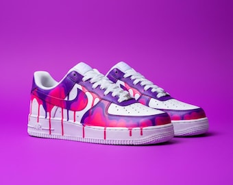 Zapatillas con efecto goteo rosa y morado, zapatillas con grafiti pintadas a mano, zapatillas bajas personalizadas, estilo pop art neón, arte urbano para vestir