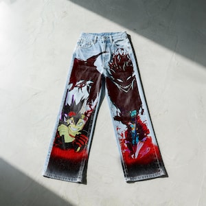 Magic Knight Custom Jeans Hand Painted Anime Demon Art Manga Rivalry Streetwear Shonen Hero Pants, Otaku Alt Clothing Wide leg Baggy jean