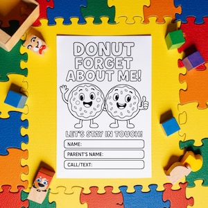 Donut Bleib in Kontakt Malseite Karte | End of School Printable für Freunde | Klassenzimmer Austauschgeschenk Sofortiger digitaler Download PNG