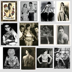 May include: A collection of vintage black and white photographs featuring women with tattoos. The photos are displayed in a grid format.
