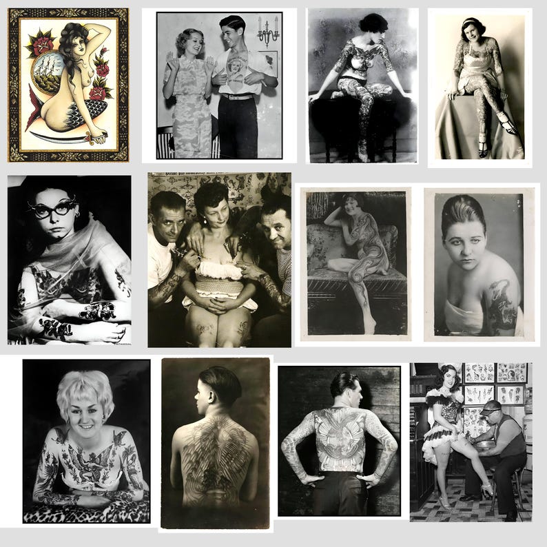 May include: A collection of vintage black and white photographs featuring women with tattoos. The photos are displayed in a grid format.