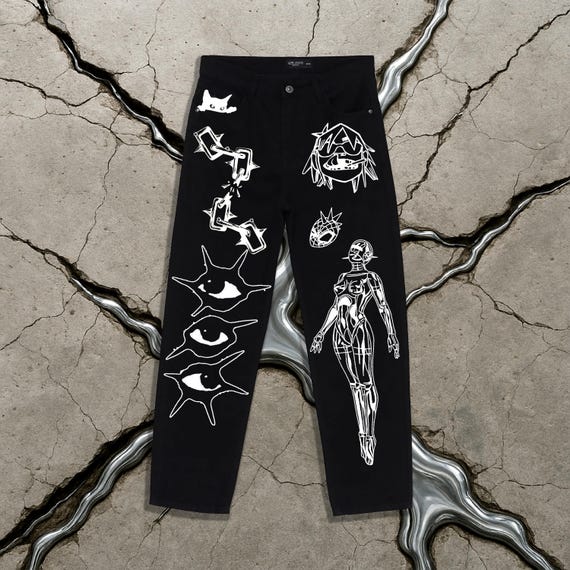 Hand Painted Y2K Grunge Jeans: Black Baggy, Wide-leg Denim - Etsy