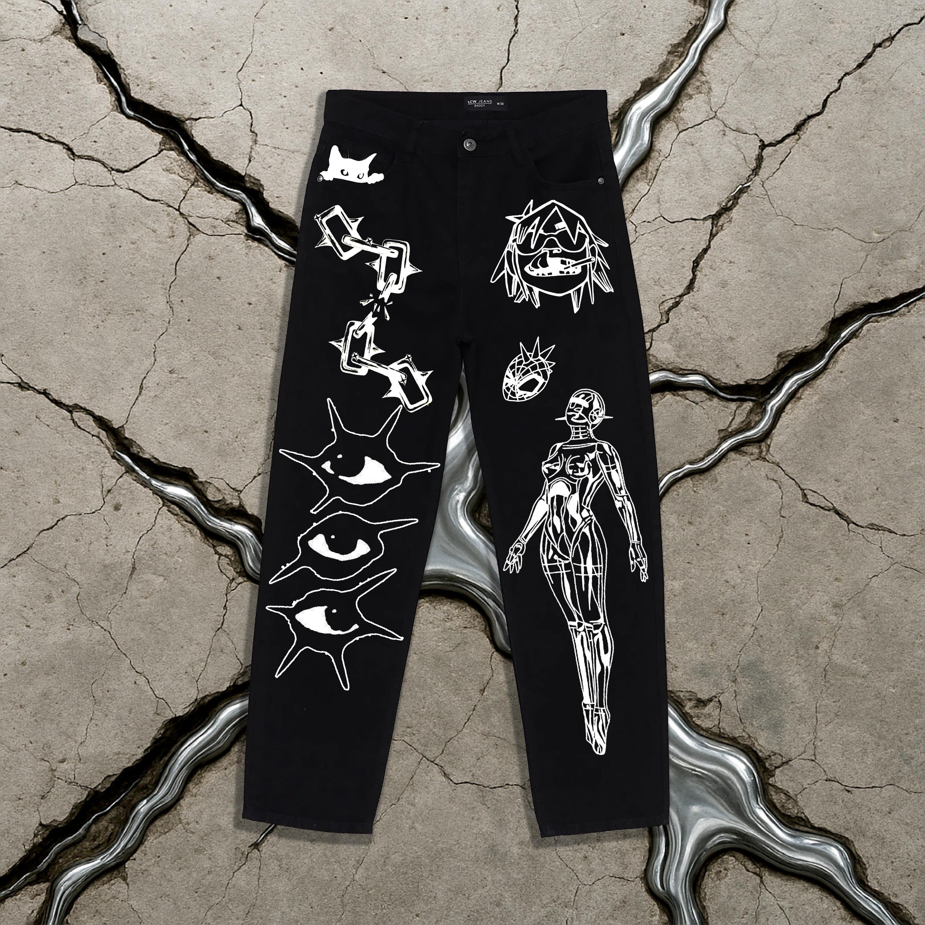 Hand Painted Y2K Grunge Jeans: Black Baggy, Wide-leg Denim - Etsy Hand Painted Y2K Grunge Jeans: Black Baggy, Wide-leg Denim - Etsy