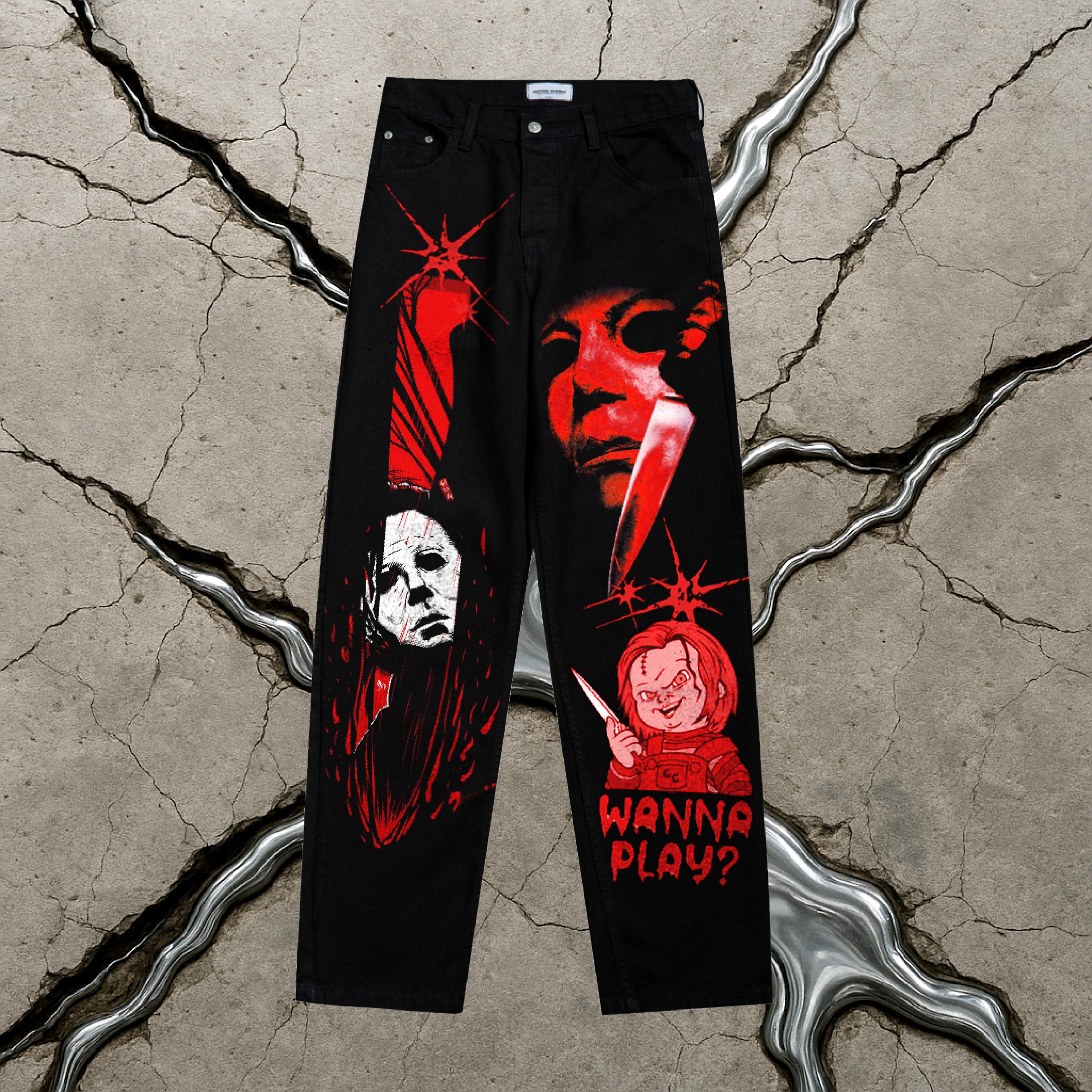 Custom hand painted Horror movie jeans 90s Black baggy thriller denim  handmade wide leg grunge custom pants halloween festival outfit