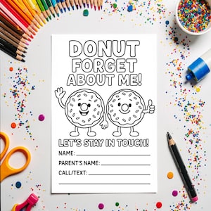 Donut Vergissmeinnicht zu bleiben in Kontakt Färbung Karte druckbare End der Schule Geschenk für Klassenkameraden Kinder Kontaktbörse Sofortiger digitaler Download PNG