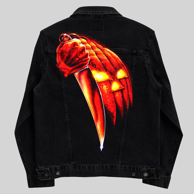 80s Slasher Horror Denim Jacket Hand Painted Art Pumpkin Knife Custom ...