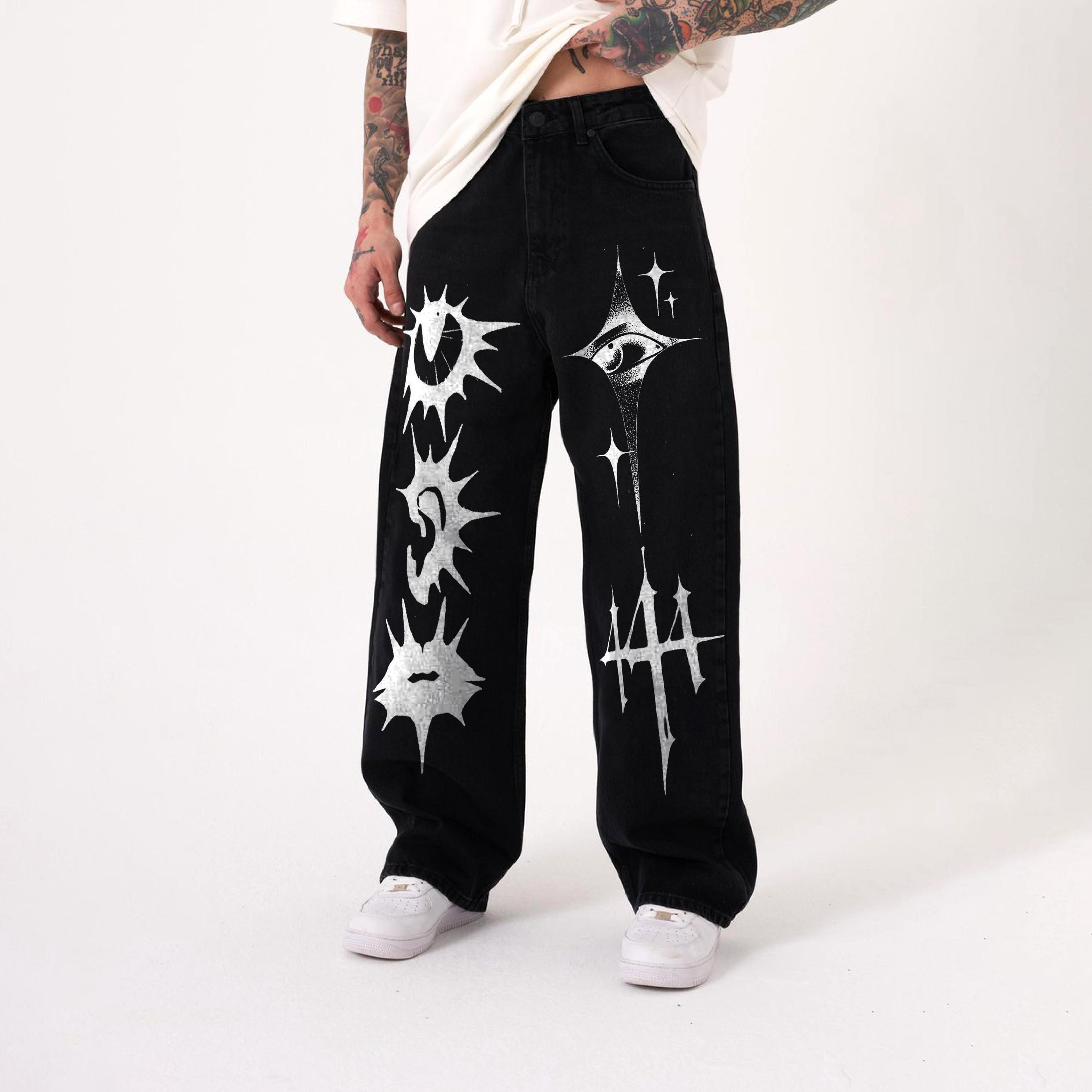 Custom Hand Painted Y2K Grunge Jeans 90s Black Baggy Horror