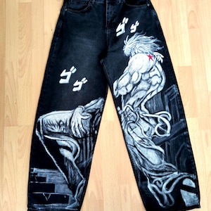 Custom hand painted anime jeans manga art baggy denim pants anime fandom streetwear style wide-leg 90s jeans grunge punk goth trap anime